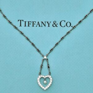 Tiffany & Co. Diamond Heart Pearl Drop Pendant Twisted Wire Chain PT950 Necklace